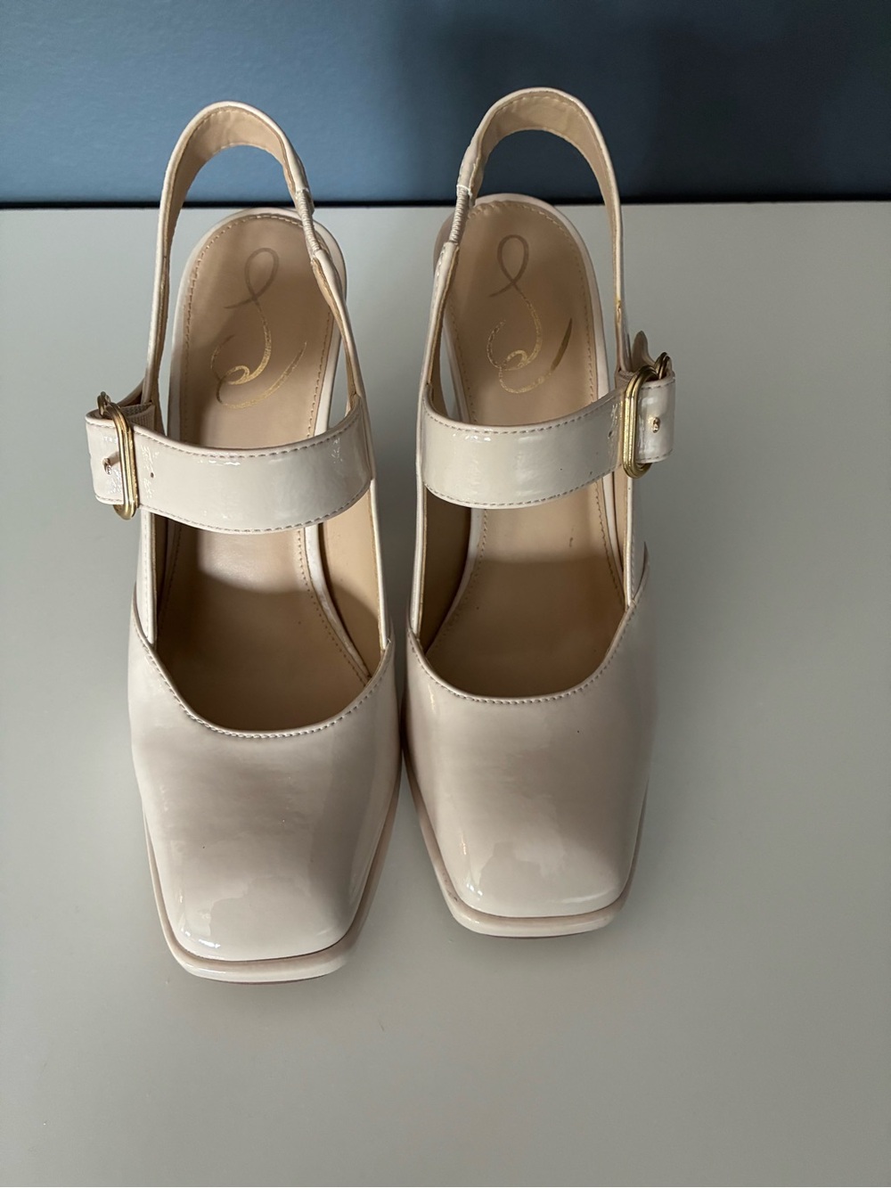 Sam Edelman Mary Jane Patent Cream Square-Toe Slingback Heels with Buckle